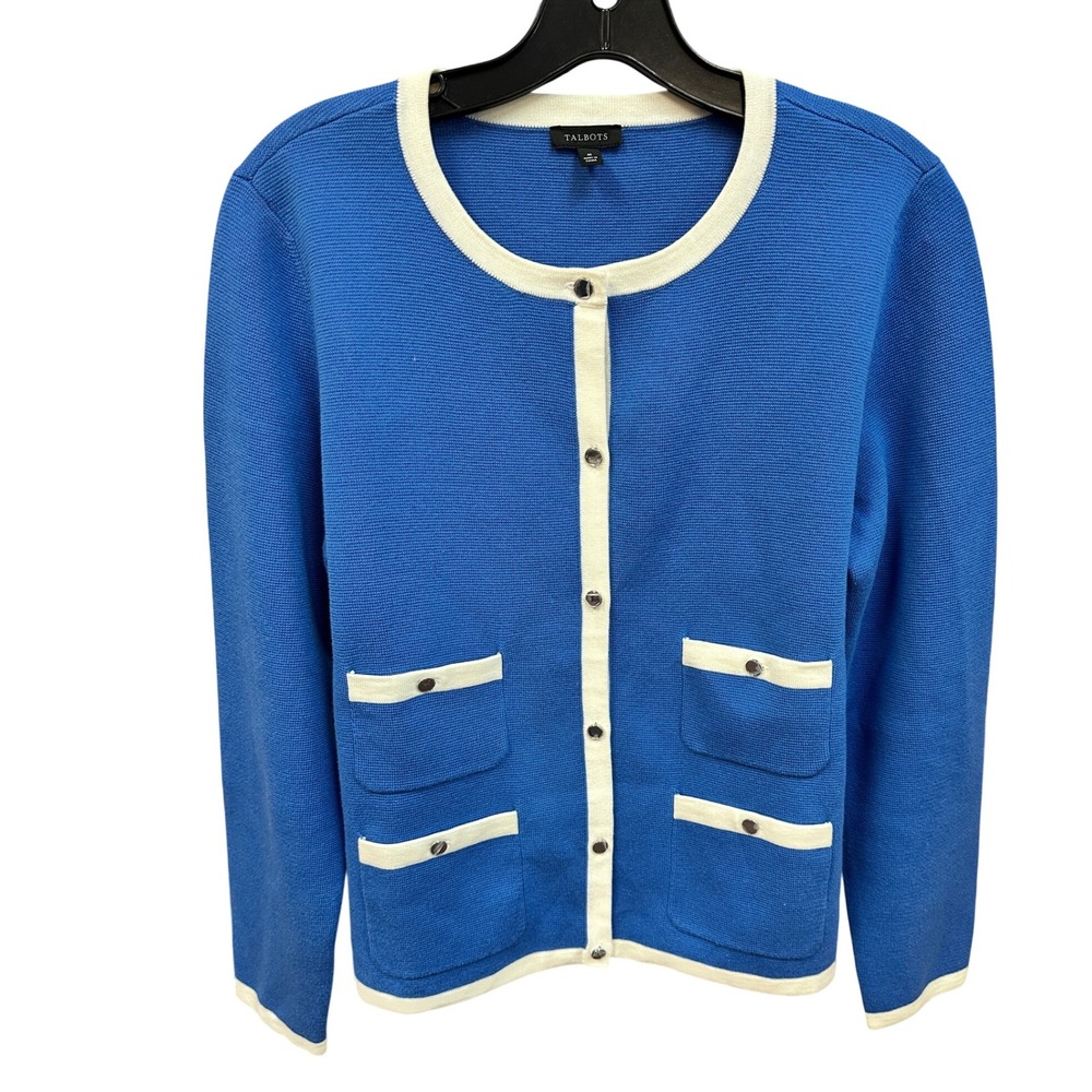 Talbots Knit Cardigan Sweater Womens Size M Blue Pocket Trim Button Front